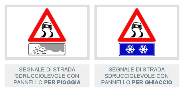 Pannelli integrativi di strada sdrucciolevole Per Pioggia e Per Ghiaccio sotto il segnale di Strada Srducciolevole