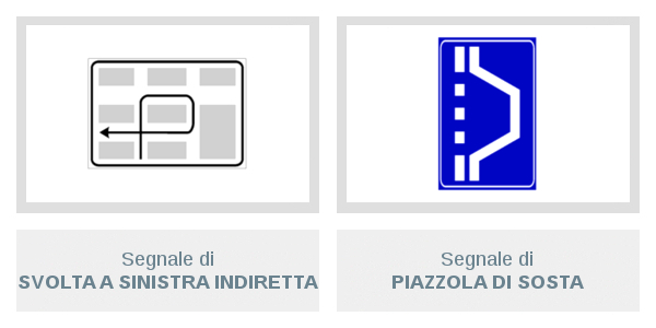 Segnali di Svolta A Sinistra Indiretta e di Piazzola Di Sosta