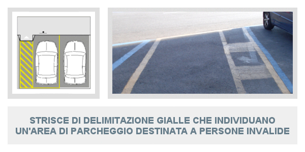 Strisce di delimitazione gialle che individuano un'area di parcheggio destinata a persone invalide